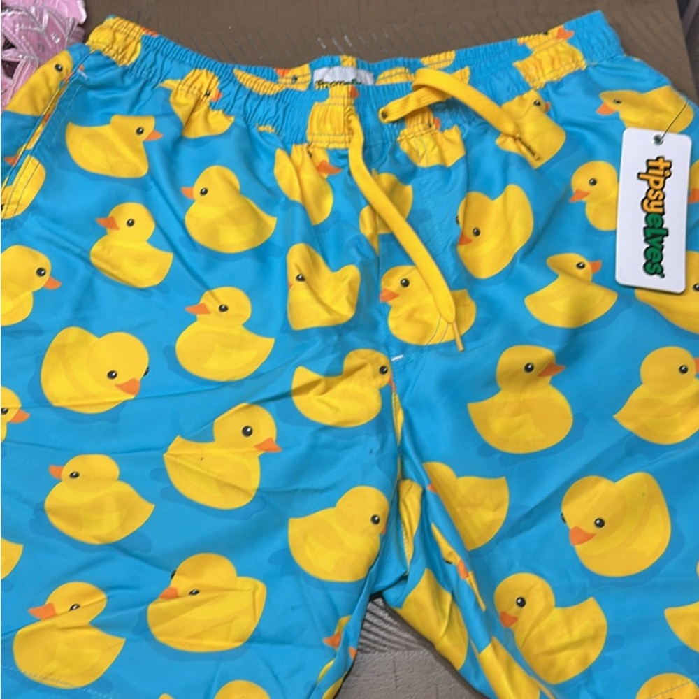 Tipsy Elves Blue Swim Shorts with Yellow Duck Pattern